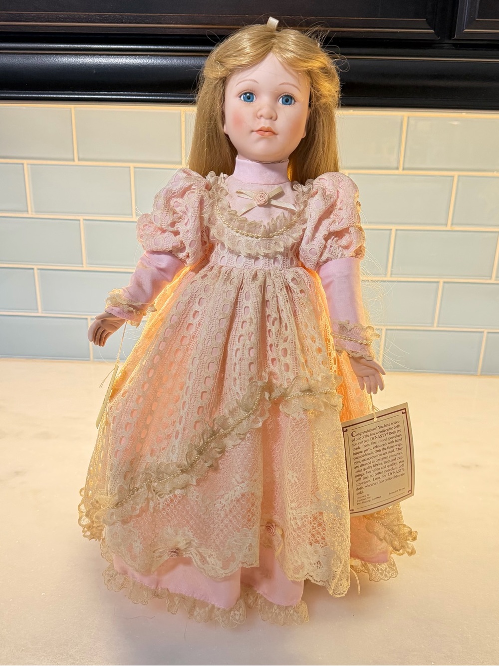 Heirloom-Style Decorative Doll in Pink Lace Dress